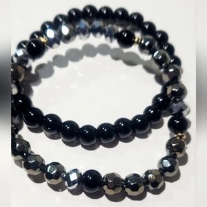 Elegant Black and Silver Beaded Bracelet Set